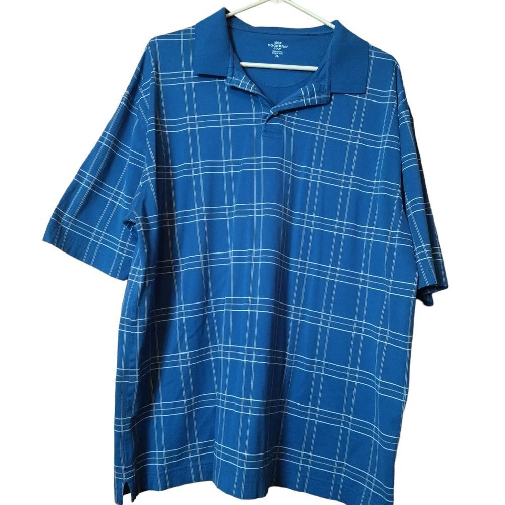 Dockers Golf Men's XL Blue Plaid Short Sleeve Collared Polo Shirt Pullover